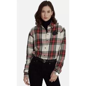 Lauren Ralph Lauren XL Rhinestone Embellished Bullion Plaid Cotton Twill Shirt